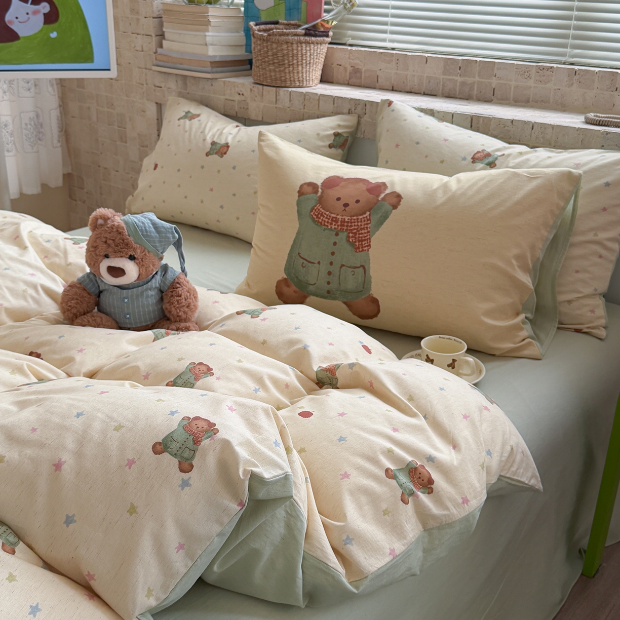 91家纺网 家纺一手货源 找家纺 桃子家居 2026A类纯棉水洗原生态棉麻数码印花大版枕套混搭卡通小清新韩国小布袋系列四件套 棉麻混搭-苹果软熊