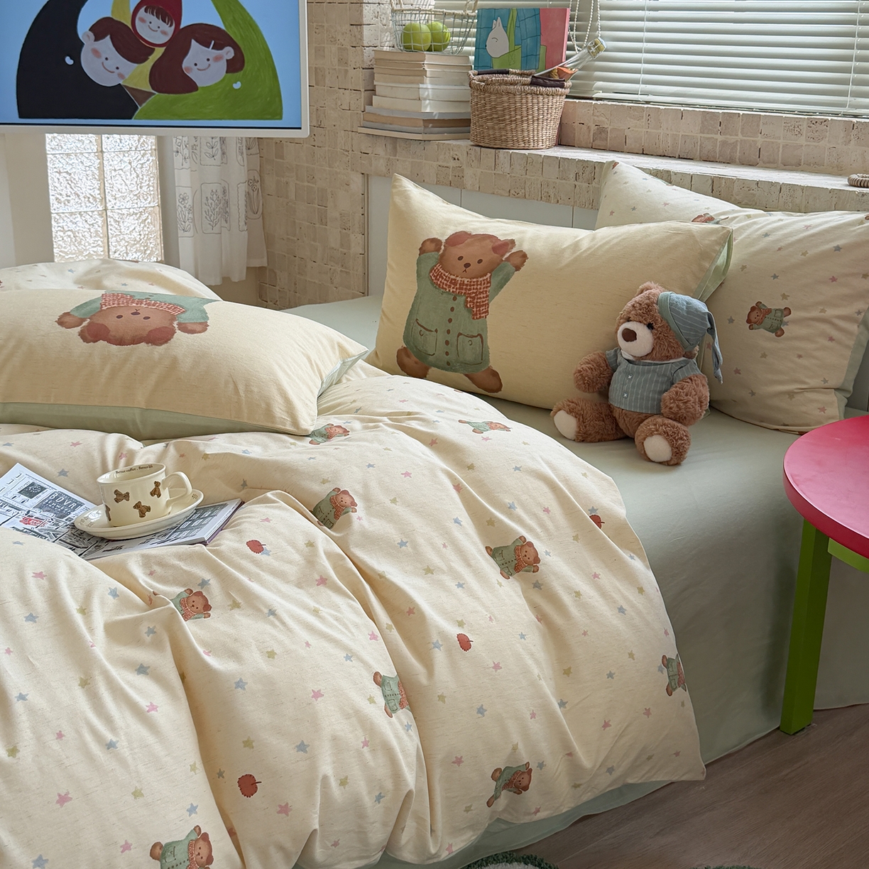 91家纺网 家纺一手货源 找家纺 桃子家居 2026A类纯棉水洗原生态棉麻数码印花大版枕套混搭卡通小清新韩国小布袋系列四件套 棉麻混搭-苹果软熊