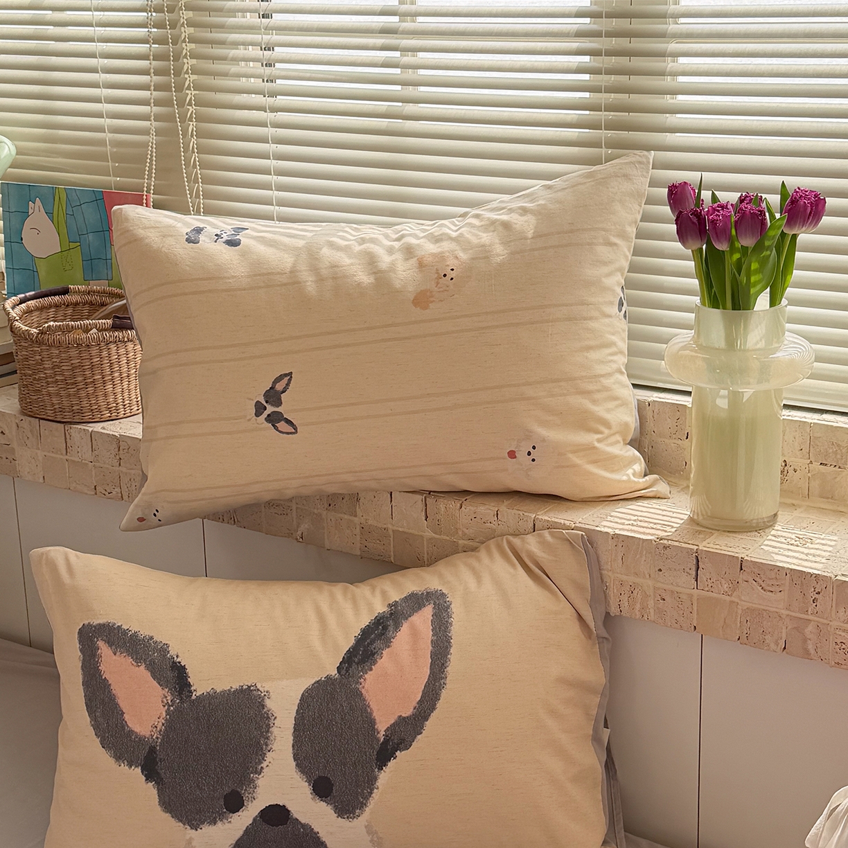 91家纺网 家纺一手货源 找家纺 桃子家居 2026A类纯棉水洗原生态棉麻数码印花大版枕套混搭卡通小清新韩国小布袋系列四件套 棉麻混搭-奶咖小狗