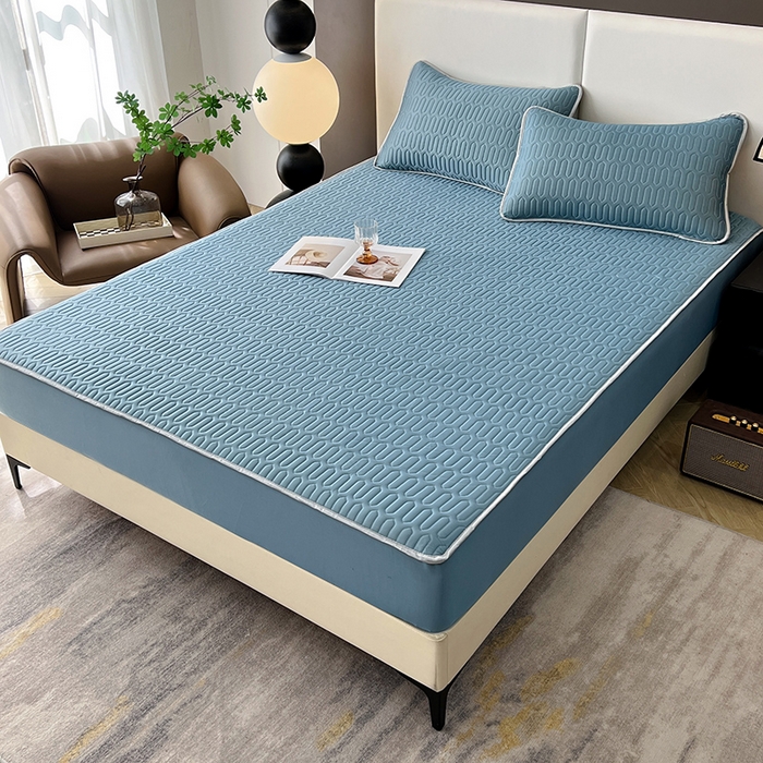 91家纺网 家纺一手货源 找家纺 518家纺 2026新款凉感冰丝裸睡乳胶凉席系列床笠款凉席席子 典雅蓝