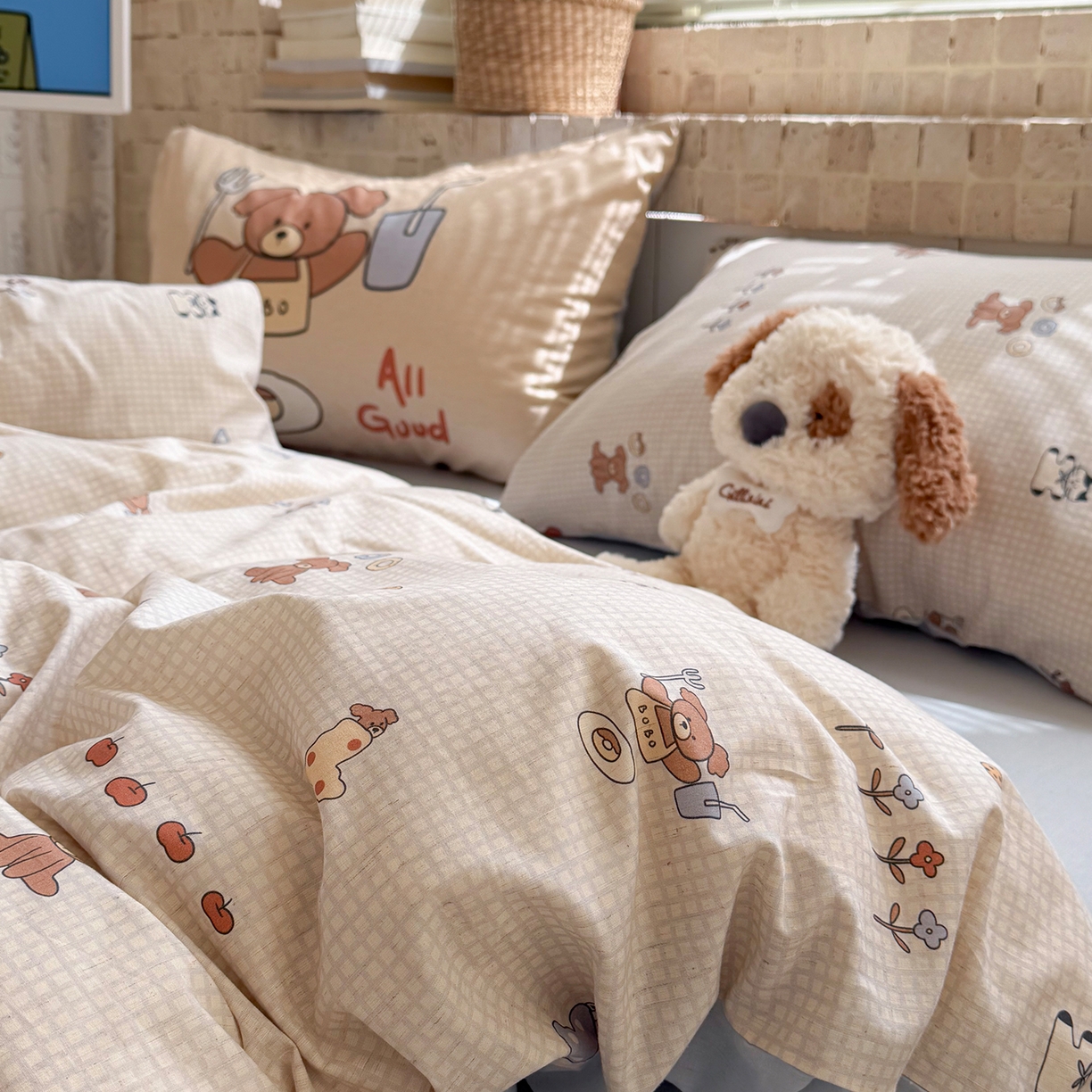 91家纺网 家纺一手货源 找家纺 桃子家居 2026A类纯棉水洗原生态棉麻数码印花大版枕套混搭卡通小清新韩国小布袋系列四件套 棉麻混搭-好运日记