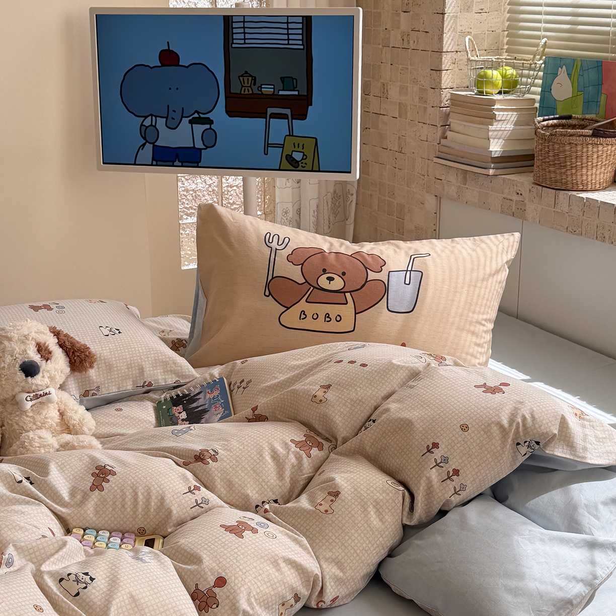 91家纺网 家纺一手货源 找家纺 桃子家居 2026A类纯棉水洗原生态棉麻数码印花大版枕套混搭卡通小清新韩国小布袋系列四件套 棉麻混搭-好运日记