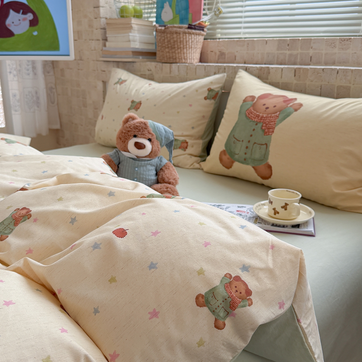 91家纺网 家纺一手货源 找家纺 桃子家居 2026A类纯棉水洗原生态棉麻数码印花大版枕套混搭卡通小清新韩国小布袋系列四件套 棉麻混搭-苹果软熊