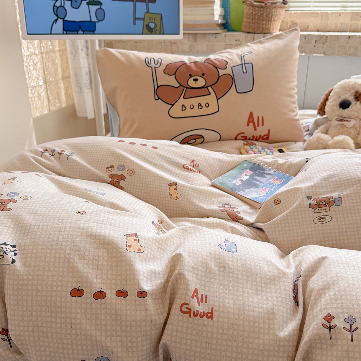 91家纺网 家纺一手货源 找家纺 桃子家居 2026A类纯棉水洗原生态棉麻数码印花大版枕套混搭卡通小清新韩国小布袋系列四件套 棉麻混搭-好运日记