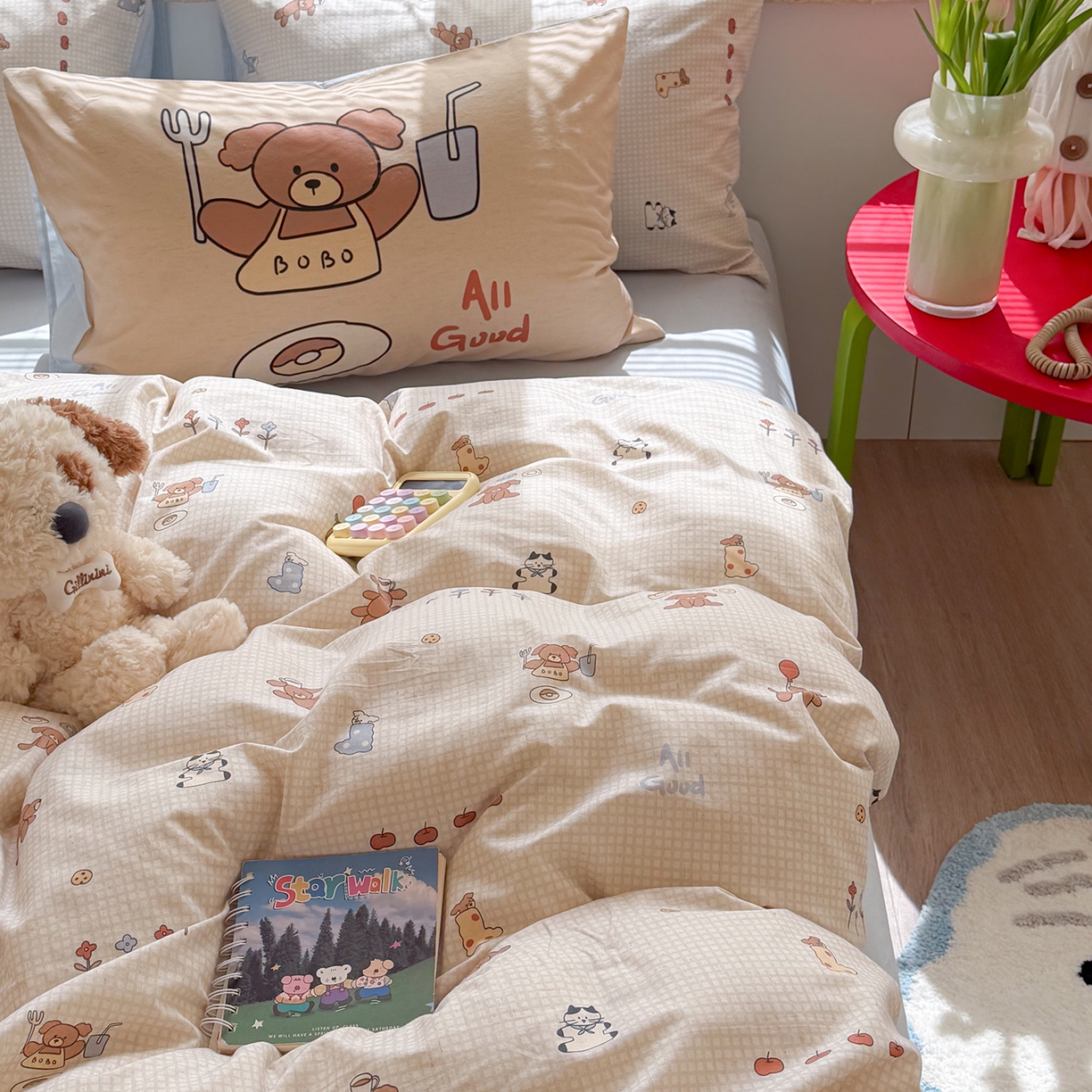 91家纺网 家纺一手货源 找家纺 桃子家居 2026A类纯棉水洗原生态棉麻数码印花大版枕套混搭卡通小清新韩国小布袋系列四件套 棉麻混搭-好运日记