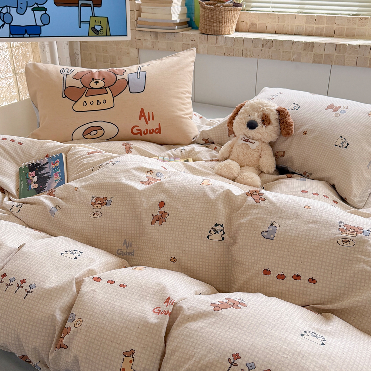 91家纺网 家纺一手货源 找家纺 桃子家居 2026A类纯棉水洗原生态棉麻数码印花大版枕套混搭卡通小清新韩国小布袋系列四件套 棉麻混搭-好运日记