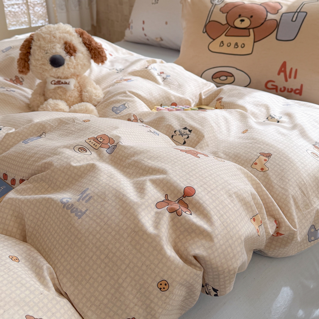 91家纺网 家纺一手货源 找家纺 桃子家居 2026A类纯棉水洗原生态棉麻数码印花大版枕套混搭卡通小清新韩国小布袋系列四件套 棉麻混搭-好运日记