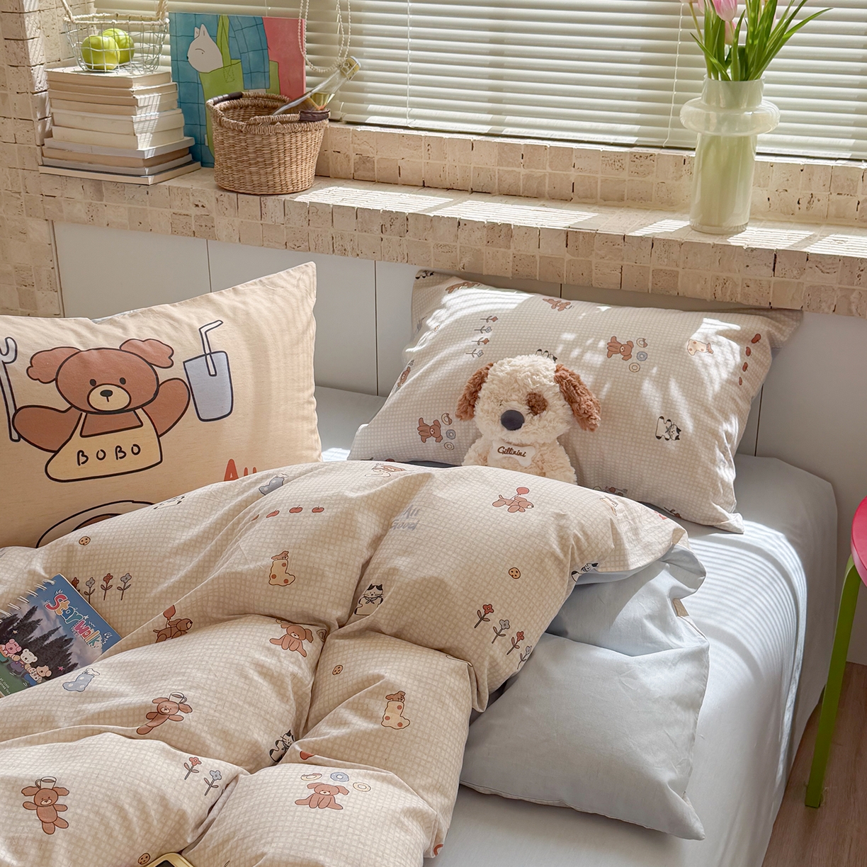 91家纺网 家纺一手货源 找家纺 桃子家居 2026A类纯棉水洗原生态棉麻数码印花大版枕套混搭卡通小清新韩国小布袋系列四件套 棉麻混搭-好运日记