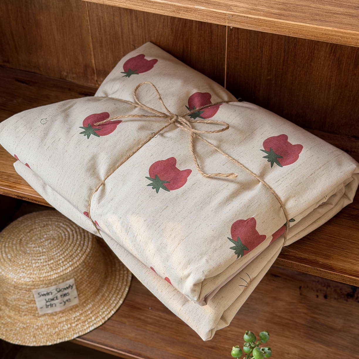 91家纺网 家纺一手货源 找家纺 桃子家居 2026A类纯棉水洗原生态棉麻数码印花大版枕套混搭卡通小清新韩国小布袋系列四件套 棉麻混搭-春日草莓