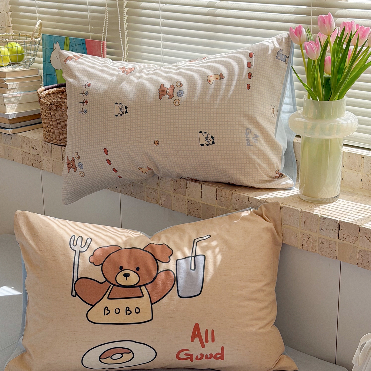 91家纺网 家纺一手货源 找家纺 桃子家居 2026A类纯棉水洗原生态棉麻数码印花大版枕套混搭卡通小清新韩国小布袋系列四件套 棉麻混搭-好运日记