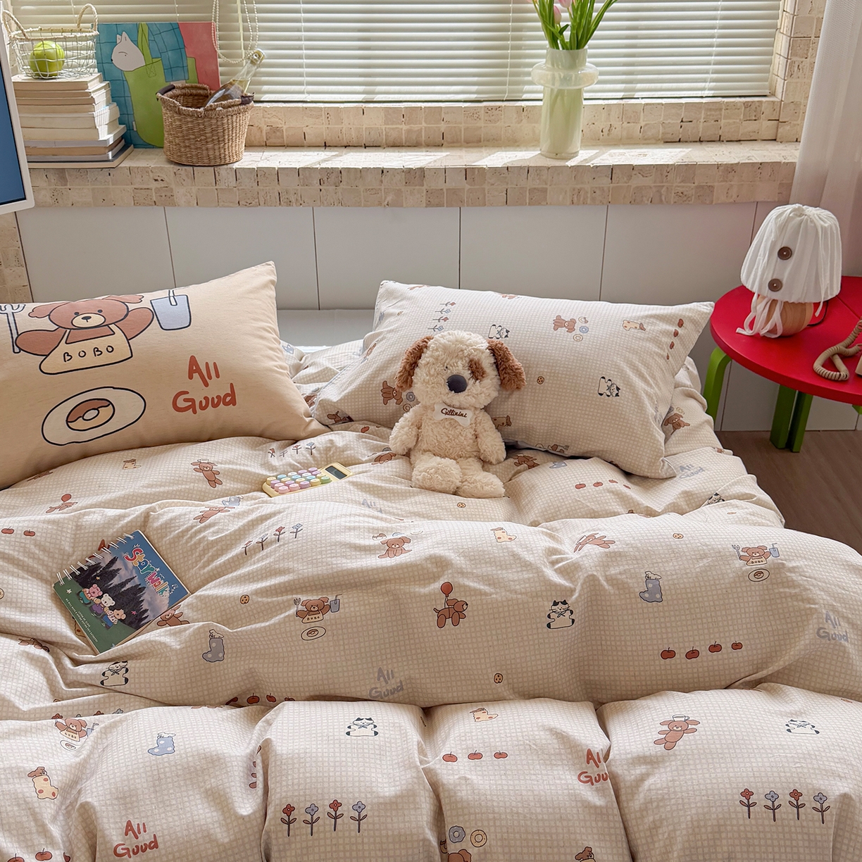 91家纺网 家纺一手货源 找家纺 桃子家居 2026A类纯棉水洗原生态棉麻数码印花大版枕套混搭卡通小清新韩国小布袋系列四件套 棉麻混搭-好运日记