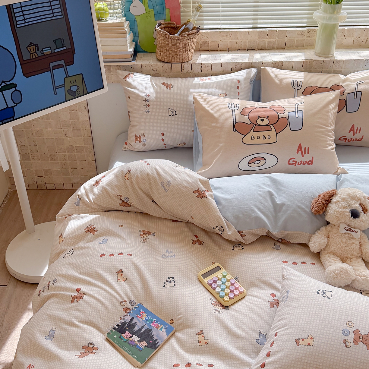 91家纺网 家纺一手货源 找家纺 桃子家居 2026A类纯棉水洗原生态棉麻数码印花大版枕套混搭卡通小清新韩国小布袋系列四件套 棉麻混搭-好运日记