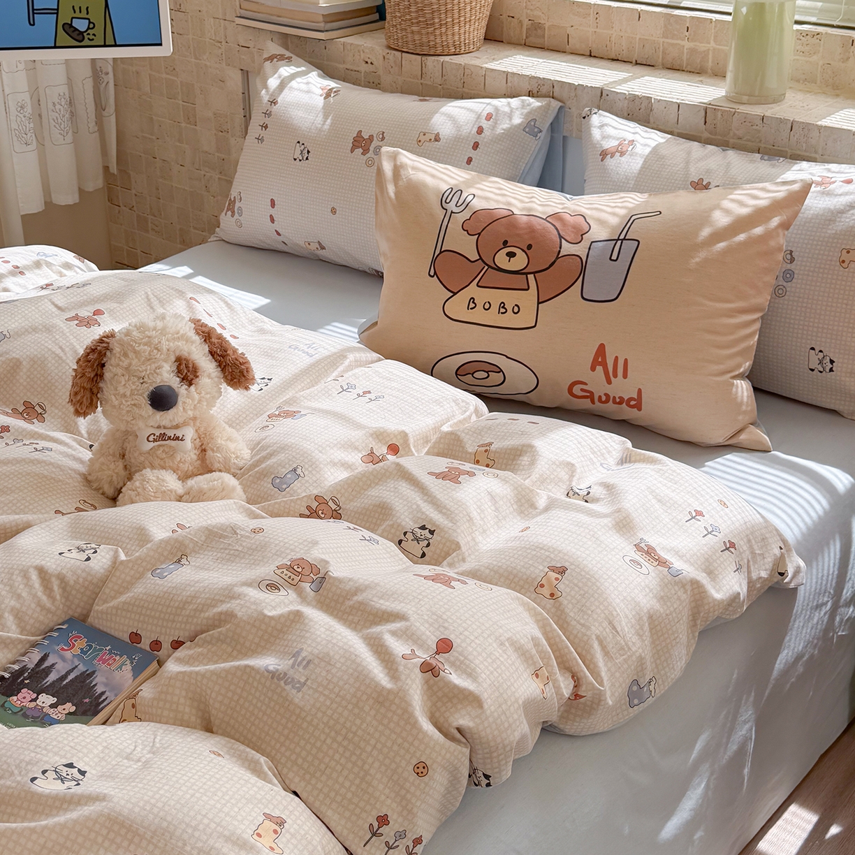 91家纺网 家纺一手货源 找家纺 桃子家居 2026A类纯棉水洗原生态棉麻数码印花大版枕套混搭卡通小清新韩国小布袋系列四件套 棉麻混搭-好运日记