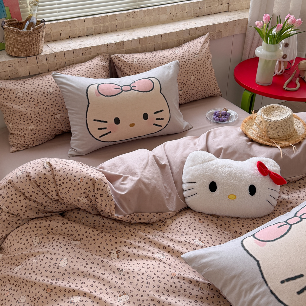 91家纺网 家纺一手货源 找家纺 桃子家居 2026A类纯棉水洗原生态棉麻数码印花大版枕套混搭卡通小清新韩国小布袋系列四件套 棉麻混搭-粉黛凯蒂