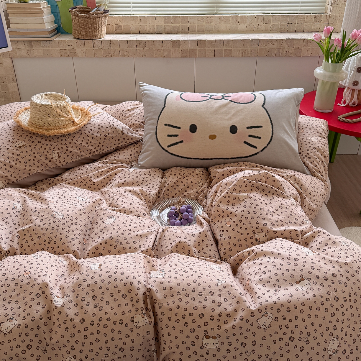 91家纺网 家纺一手货源 找家纺 桃子家居 2026A类纯棉水洗原生态棉麻数码印花大版枕套混搭卡通小清新韩国小布袋系列四件套 棉麻混搭-粉黛凯蒂