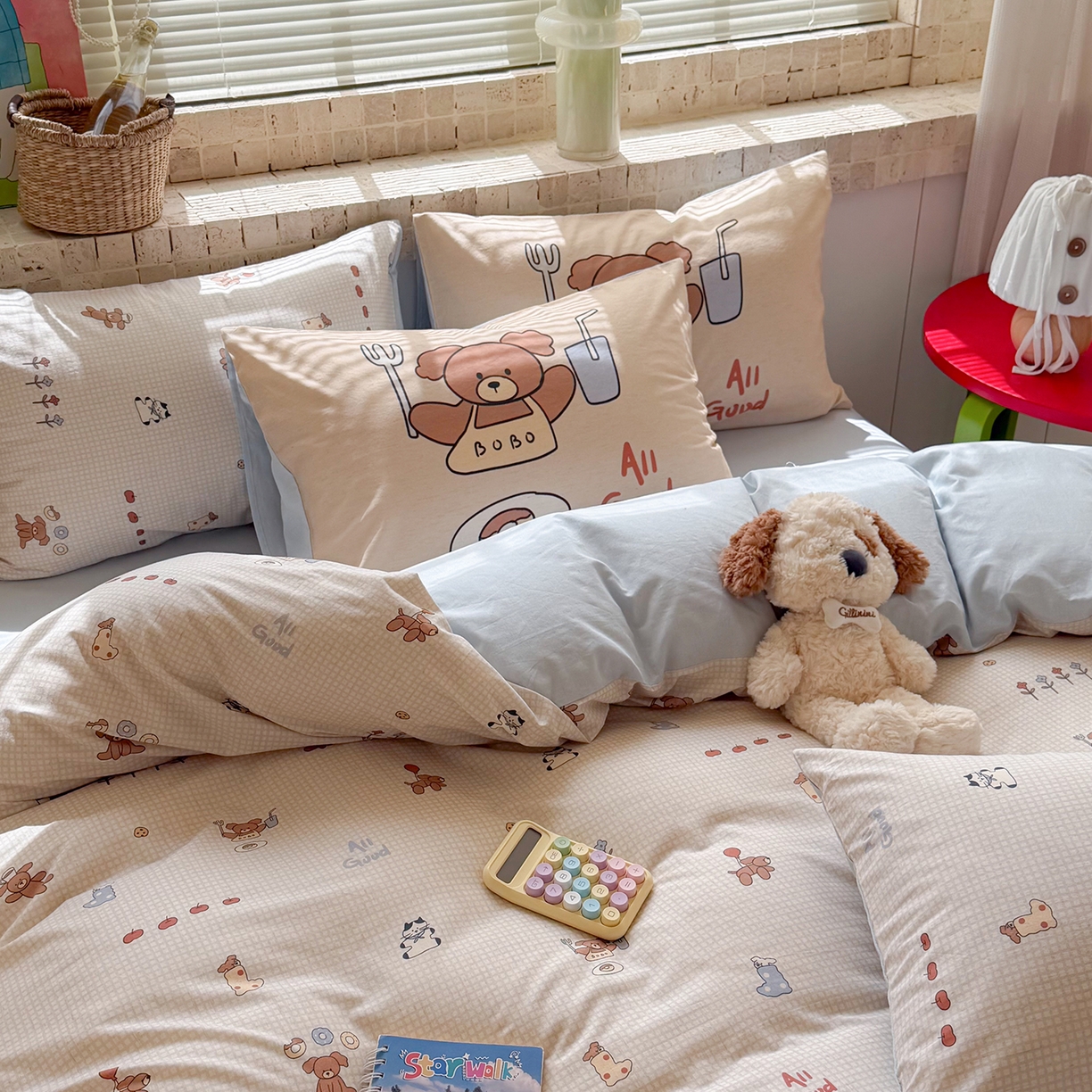 91家纺网 家纺一手货源 找家纺 桃子家居 2026A类纯棉水洗原生态棉麻数码印花大版枕套混搭卡通小清新韩国小布袋系列四件套 棉麻混搭-好运日记