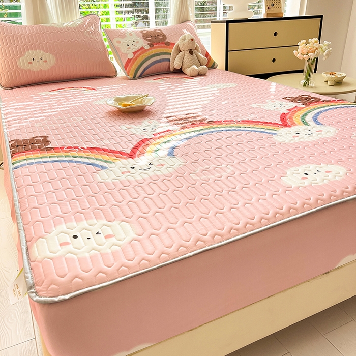 91家纺网 家纺一手货源 找家纺 518家纺 2026新款凉感冰丝裸睡乳胶凉席系列床笠款凉席席子 彩虹兔