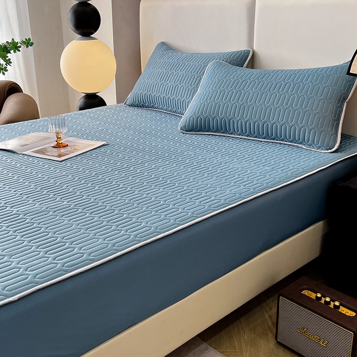 91家纺网 家纺一手货源 找家纺 518家纺 2026新款凉感冰丝裸睡乳胶凉席系列床笠款凉席席子 典雅蓝