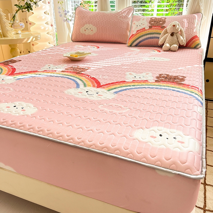 91家纺网 家纺一手货源 找家纺 518家纺 2026新款凉感冰丝裸睡乳胶凉席系列床笠款凉席席子 彩虹兔