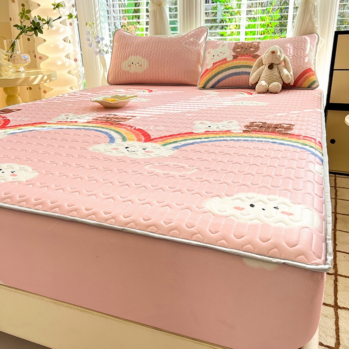 91家纺网 家纺一手货源 找家纺 518家纺 2026新款凉感冰丝裸睡乳胶凉席系列床笠款凉席席子 彩虹兔