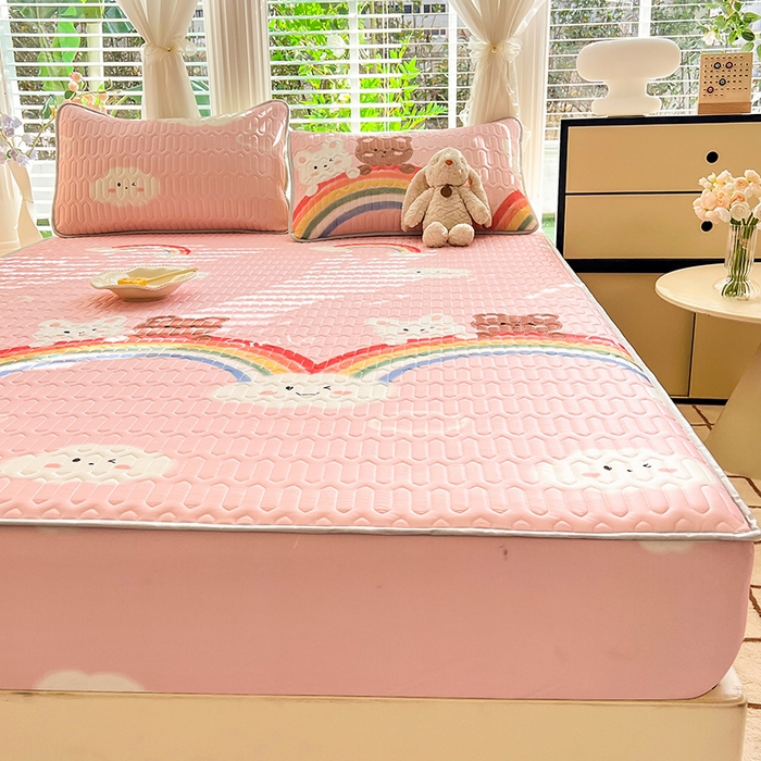 91家纺网 家纺一手货源 找家纺 518家纺 2026新款凉感冰丝裸睡乳胶凉席系列床笠款凉席席子 彩虹兔