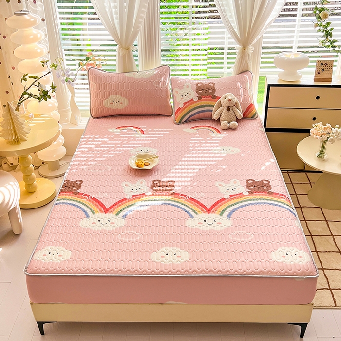 91家纺网 家纺一手货源 找家纺 518家纺 2026新款凉感冰丝裸睡乳胶凉席系列床笠款凉席席子 彩虹兔