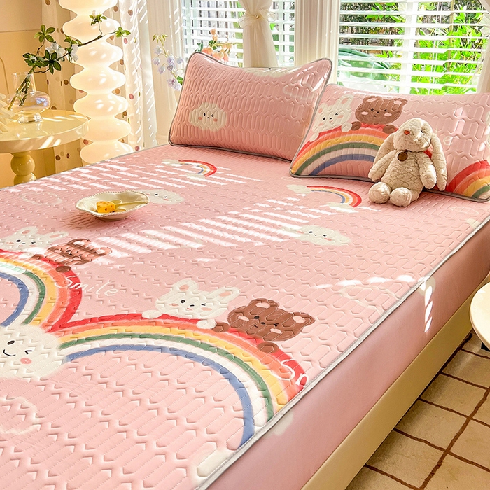 91家纺网 家纺一手货源 找家纺 518家纺 2026新款凉感冰丝裸睡乳胶凉席系列床笠款凉席席子 彩虹兔