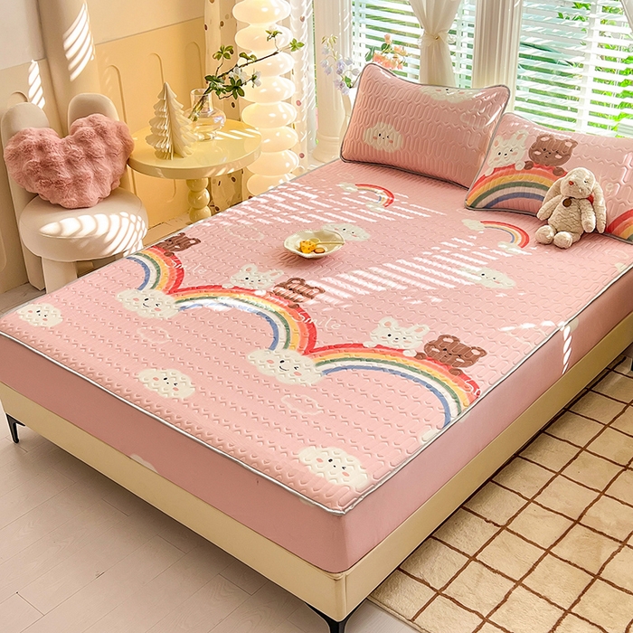 91家纺网 家纺一手货源 找家纺 518家纺 2026新款凉感冰丝裸睡乳胶凉席系列床笠款凉席席子 彩虹兔