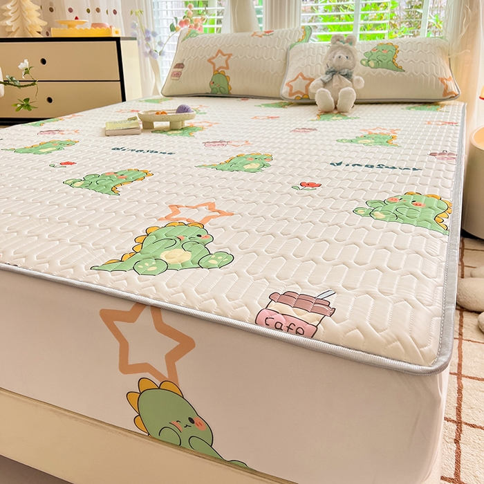 91家纺网 家纺一手货源 找家纺 518家纺 2026新款凉感冰丝裸睡乳胶凉席系列床笠款凉席席子 小恐龙