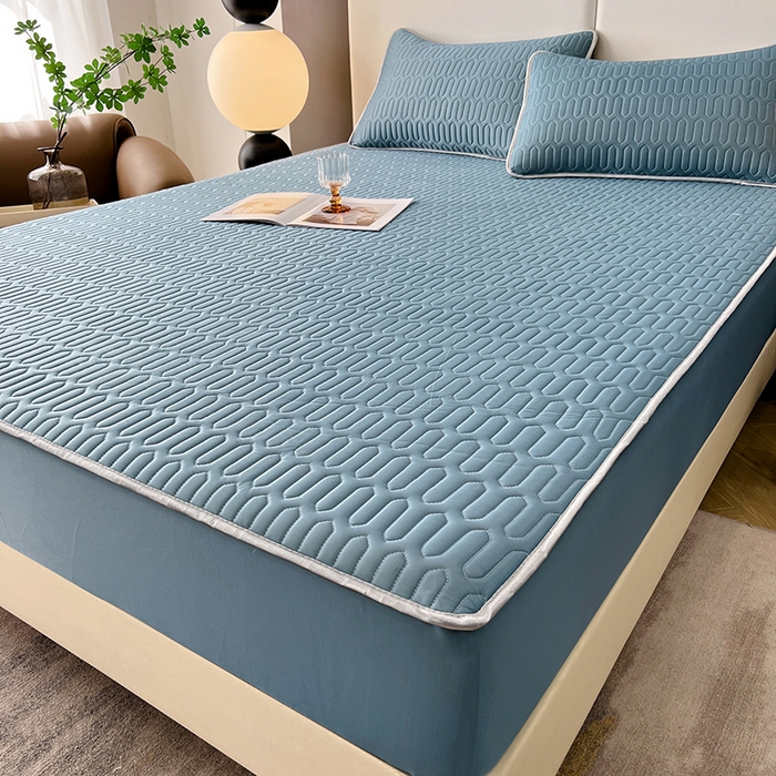 91家纺网 家纺一手货源 找家纺 518家纺 2026新款凉感冰丝裸睡乳胶凉席系列床笠款凉席席子 典雅蓝