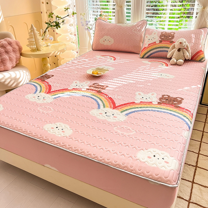 91家纺网 家纺一手货源 找家纺 518家纺 2026新款凉感冰丝裸睡乳胶凉席系列床笠款凉席席子 彩虹兔