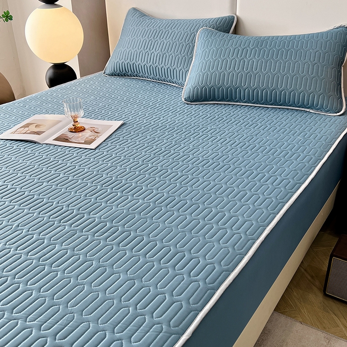 91家纺网 家纺一手货源 找家纺 518家纺 2026新款凉感冰丝裸睡乳胶凉席系列床笠款凉席席子 典雅蓝