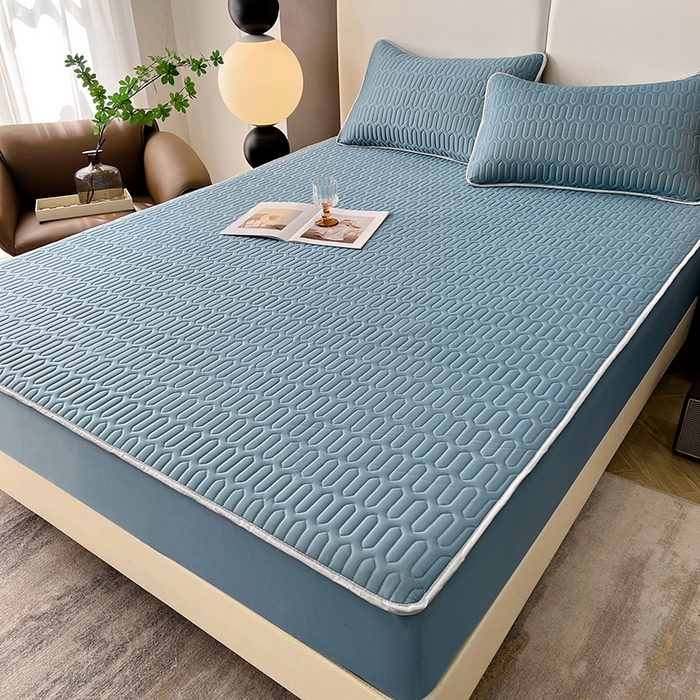 91家纺网 家纺一手货源 找家纺 518家纺 2026新款凉感冰丝裸睡乳胶凉席系列床笠款凉席席子 典雅蓝