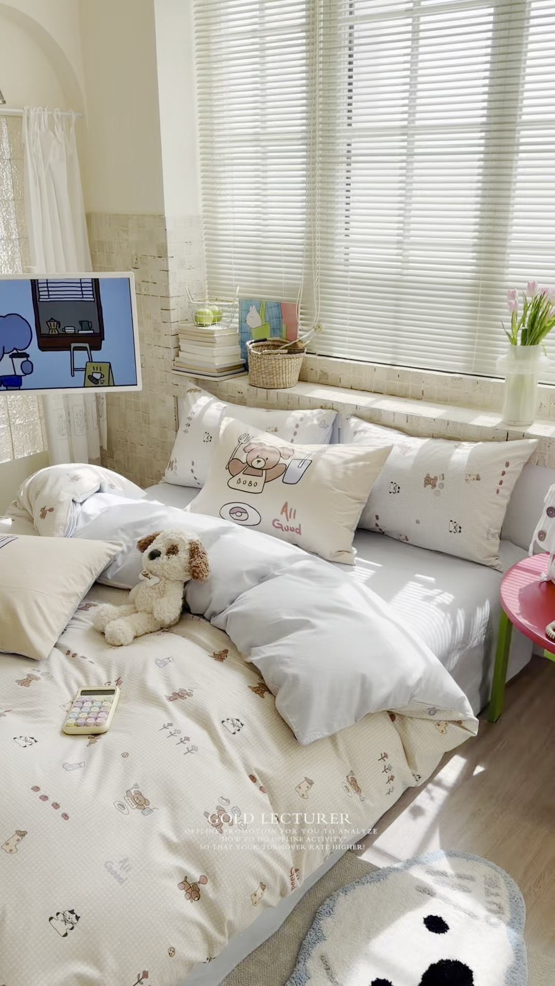 91家纺网 家纺一手货源 找家纺 桃子家居 2026A类纯棉水洗原生态棉麻数码印花大版枕套混搭卡通小清新韩国小布袋系列四件套 棉麻混搭-好运日记