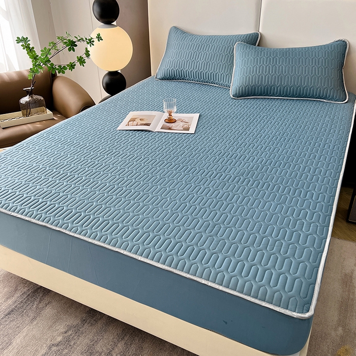 91家纺网 家纺一手货源 找家纺 518家纺 2026新款凉感冰丝裸睡乳胶凉席系列床笠款凉席席子 典雅蓝