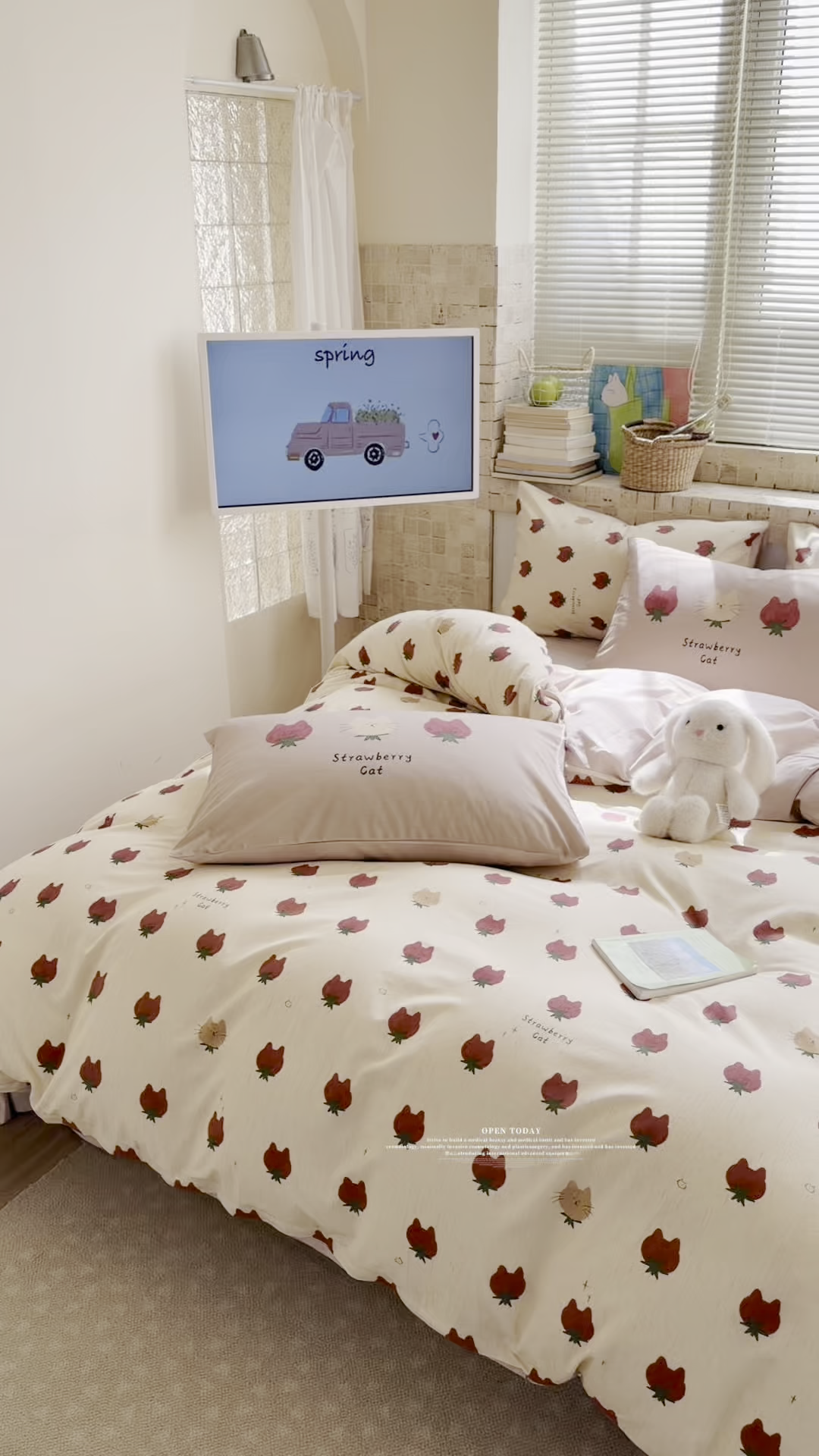 91家纺网 家纺一手货源 找家纺 桃子家居 2026A类纯棉水洗原生态棉麻数码印花大版枕套混搭卡通小清新韩国小布袋系列四件套 棉麻混搭-春日草莓