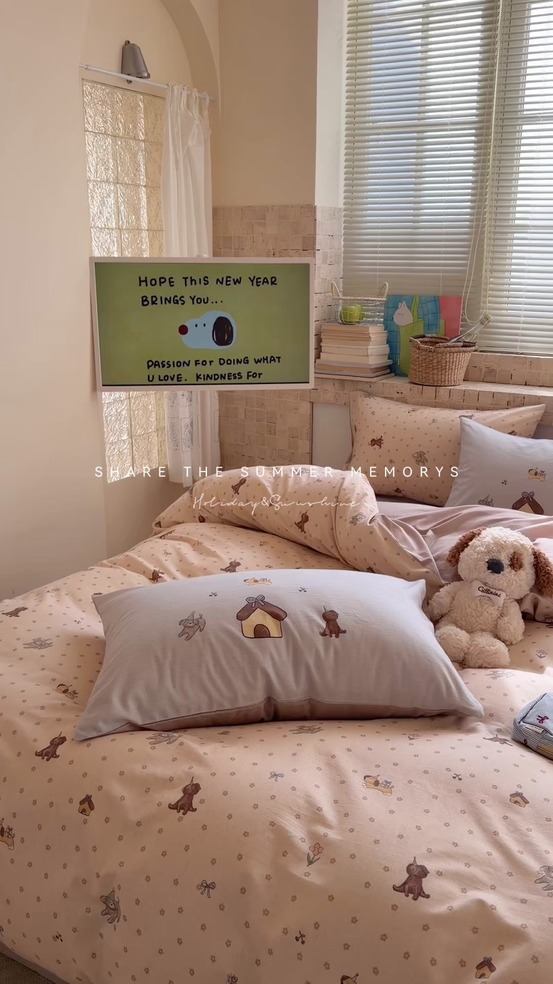 91家纺网 家纺一手货源 找家纺 桃子家居 2026A类纯棉水洗原生态棉麻数码印花大版枕套混搭卡通小清新韩国小布袋系列四件套 棉麻混搭-奶芙小狗屋