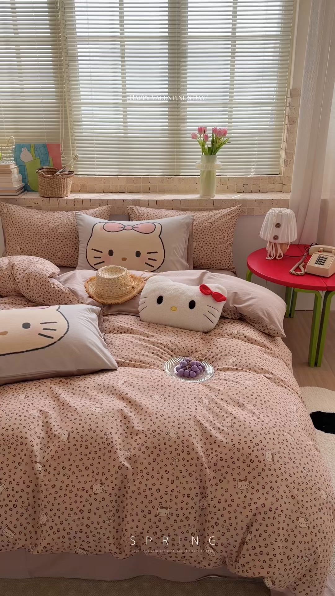 91家纺网 家纺一手货源 找家纺 桃子家居 2026A类纯棉水洗原生态棉麻数码印花大版枕套混搭卡通小清新韩国小布袋系列四件套 棉麻混搭-粉黛凯蒂