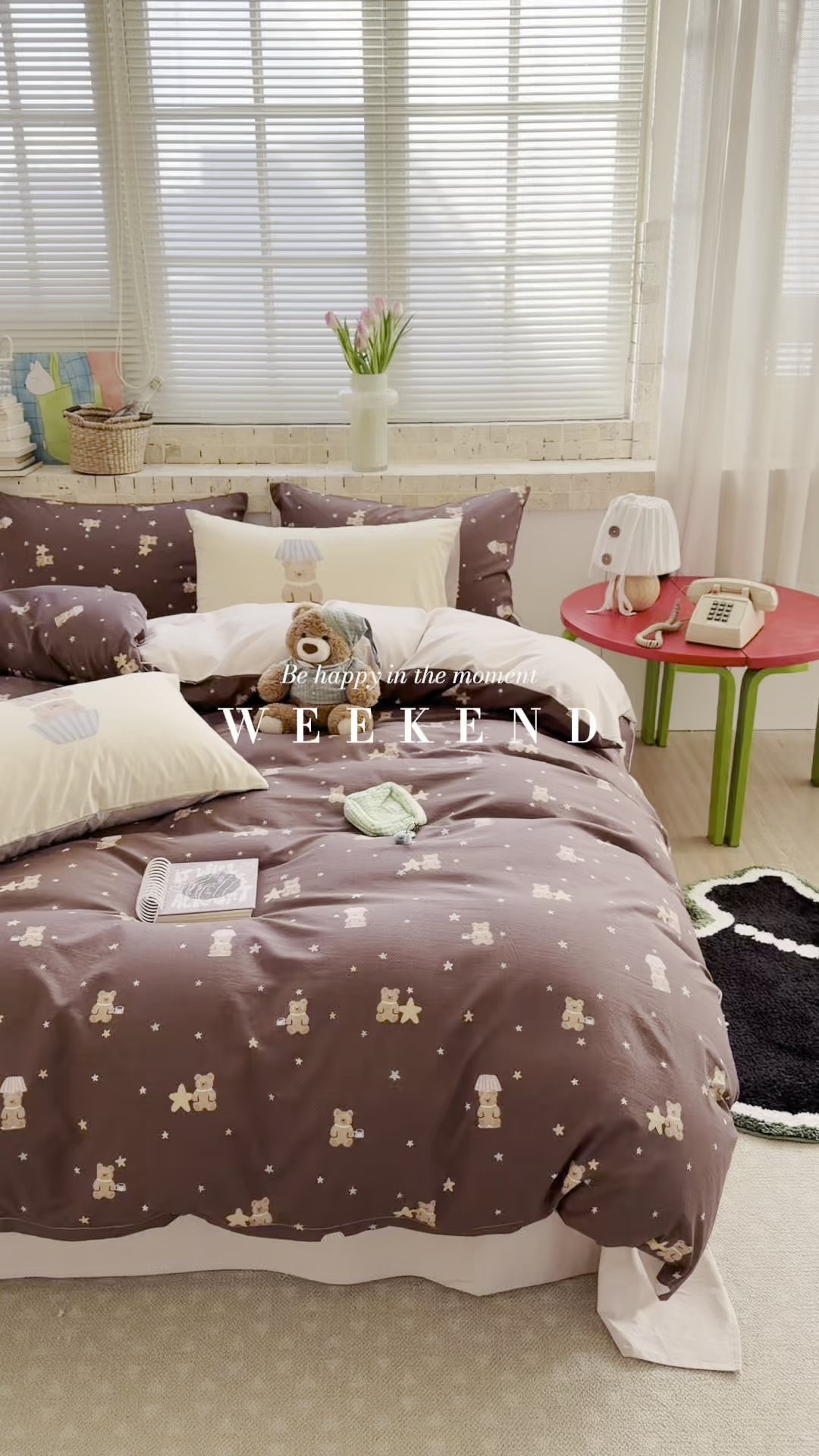 91家纺网 家纺一手货源 找家纺 桃子家居 2026A类纯棉水洗原生态棉麻数码印花大版枕套混搭卡通小清新韩国小布袋系列四件套 棉麻混搭-焦糖星星熊