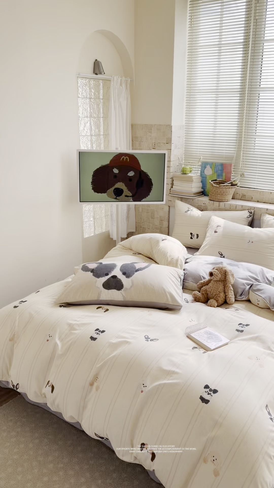 91家纺网 家纺一手货源 找家纺 桃子家居 2026A类纯棉水洗原生态棉麻数码印花大版枕套混搭卡通小清新韩国小布袋系列四件套 棉麻混搭-奶咖小狗