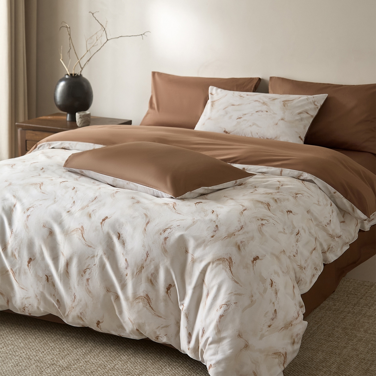 91家纺网 家纺一手货源 找家纺 （总）ONE TWO ONE 121 2026新款专版数码印花100s长绒棉纯棉全棉床上用品四件套-听潮絮语-暖咖