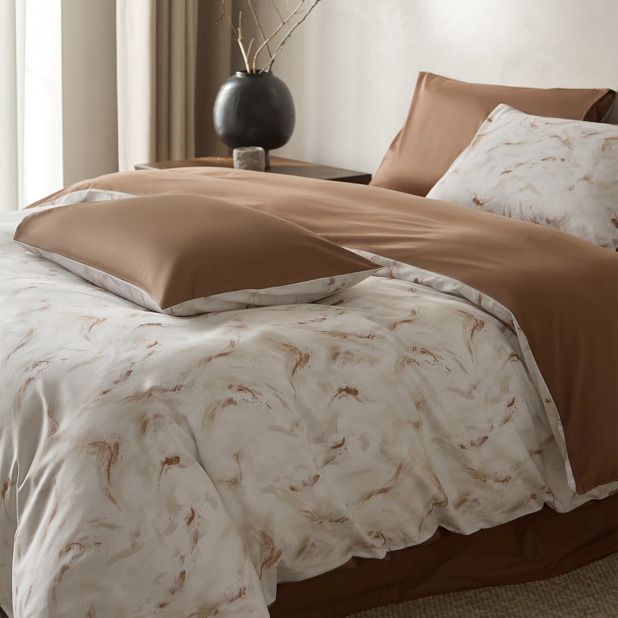 91家纺网 家纺一手货源 找家纺 （总）ONE TWO ONE 121 2026新款专版数码印花100s长绒棉纯棉全棉床上用品四件套-听潮絮语-暖咖