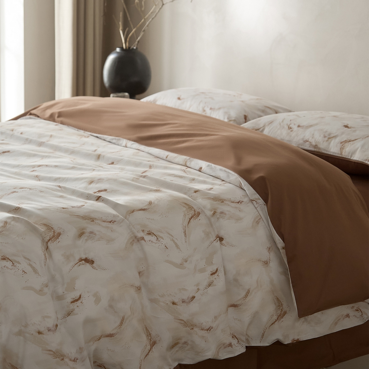 91家纺网 家纺一手货源 找家纺 （总）ONE TWO ONE 121 2026新款专版数码印花100s长绒棉纯棉全棉床上用品四件套-听潮絮语-暖咖