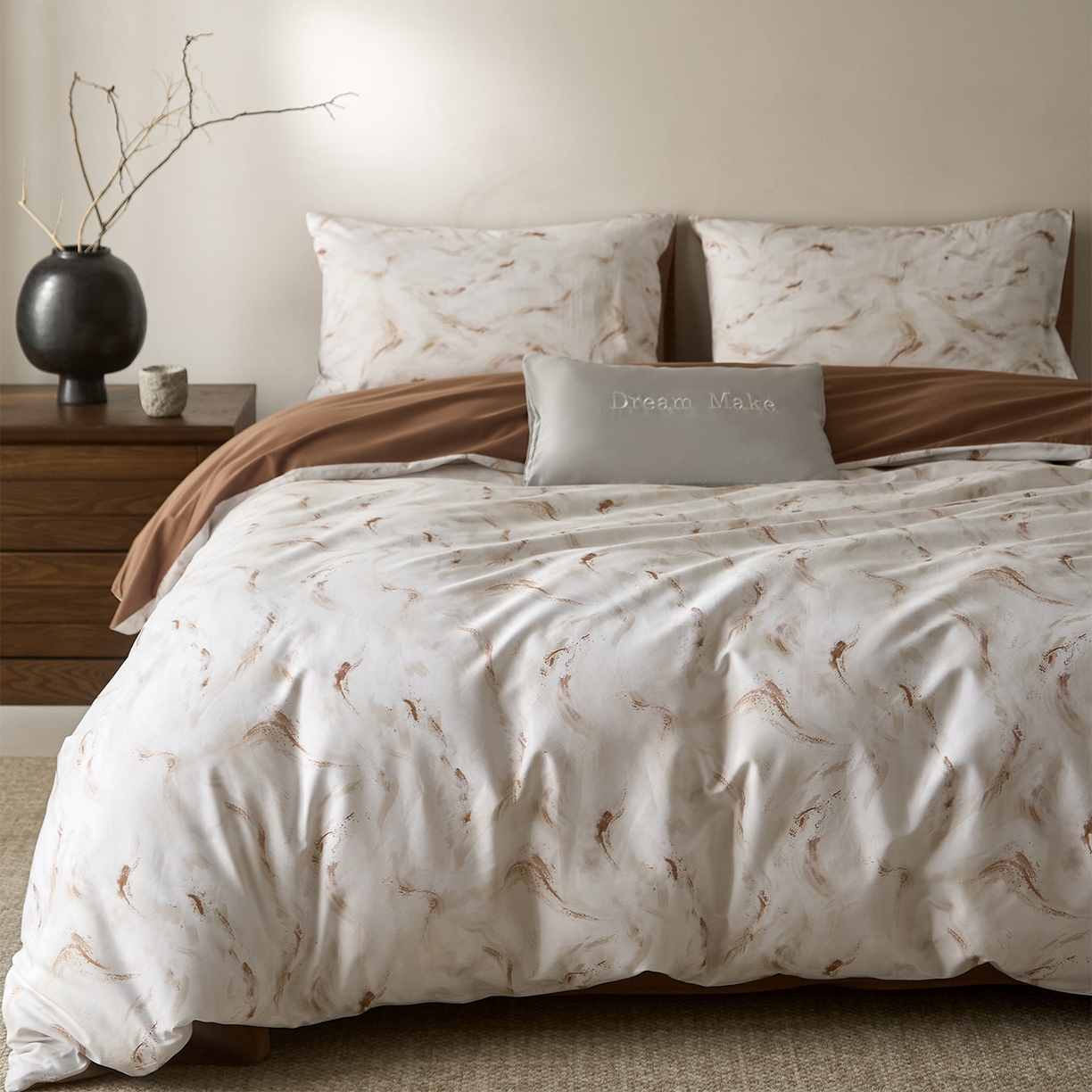 91家纺网 家纺一手货源 找家纺 （总）ONE TWO ONE 121 2026新款专版数码印花100s长绒棉纯棉全棉床上用品四件套-听潮絮语-暖咖