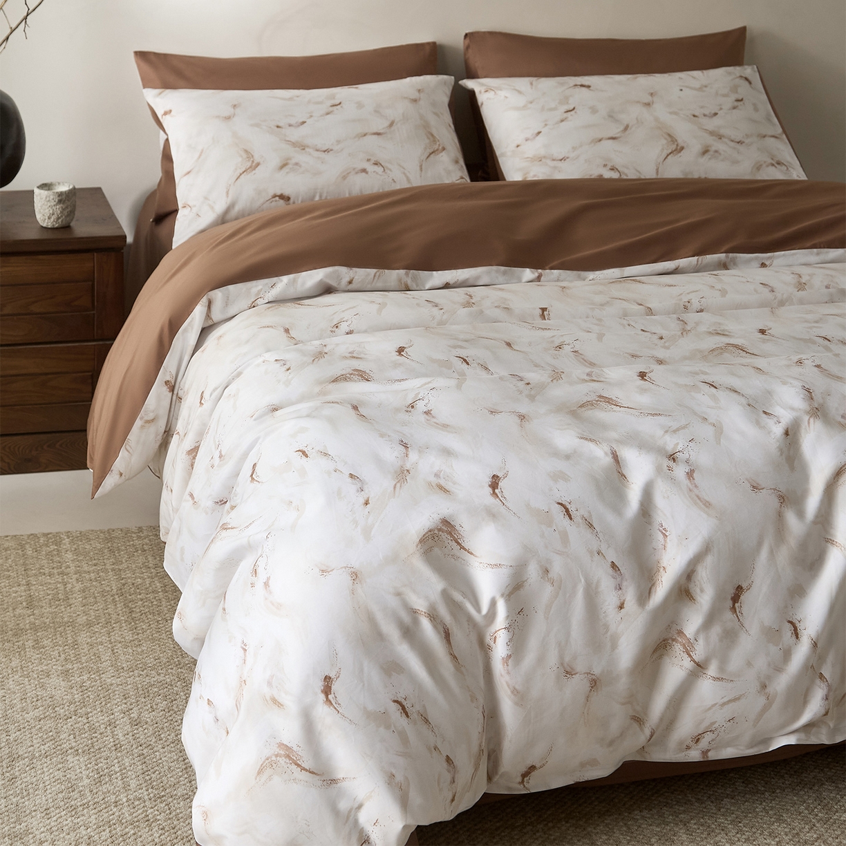 91家纺网 家纺一手货源 找家纺 （总）ONE TWO ONE 121 2026新款专版数码印花100s长绒棉纯棉全棉床上用品四件套-听潮絮语-暖咖