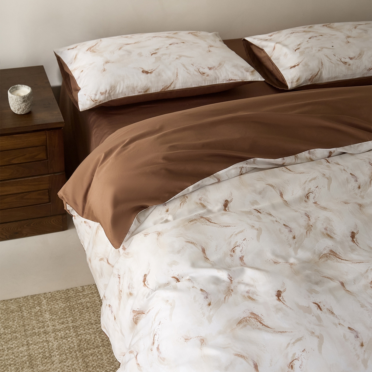 91家纺网 家纺一手货源 找家纺 （总）ONE TWO ONE 121 2026新款专版数码印花100s长绒棉纯棉全棉床上用品四件套-听潮絮语-暖咖