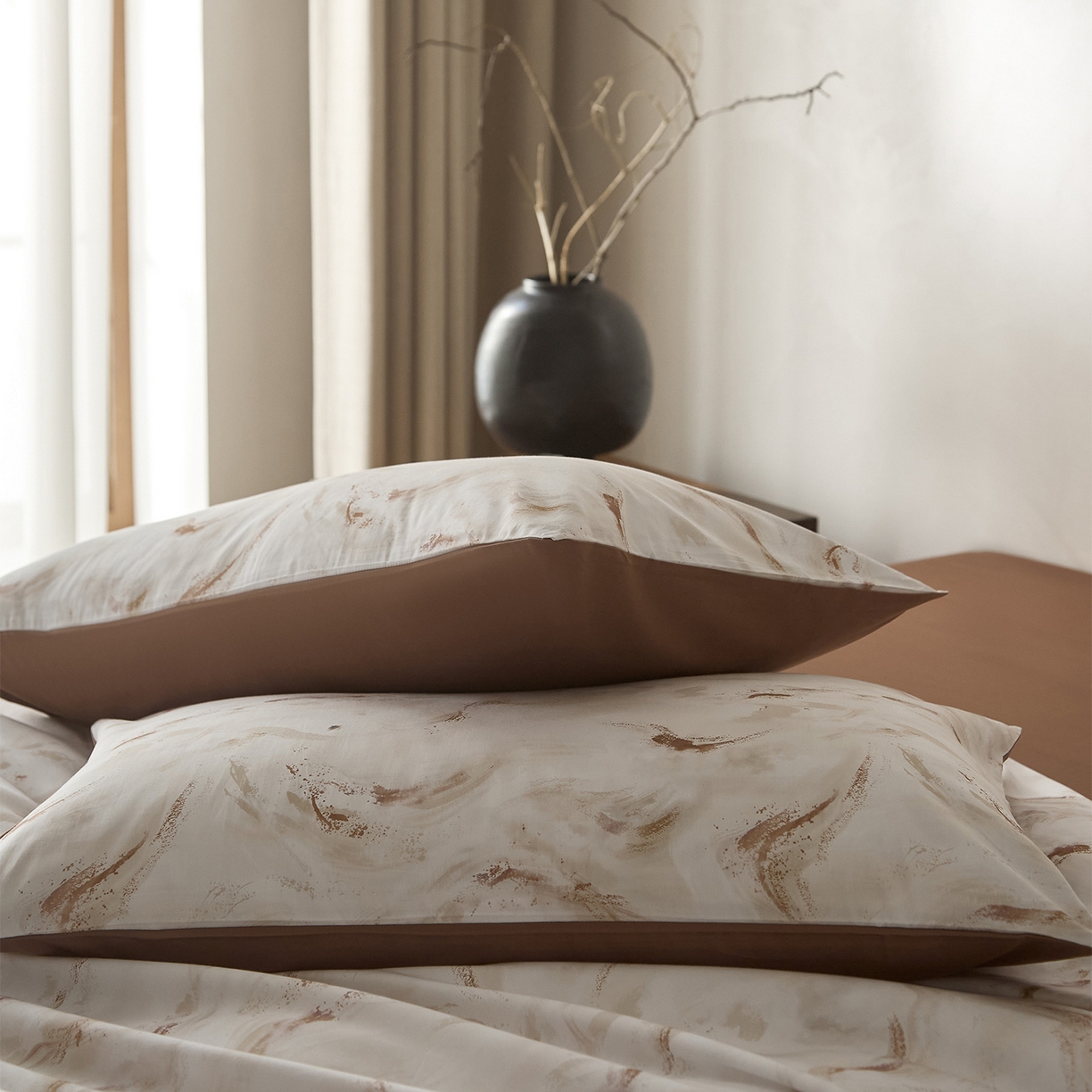 91家纺网 家纺一手货源 找家纺 （总）ONE TWO ONE 121 2026新款专版数码印花100s长绒棉纯棉全棉床上用品四件套-听潮絮语-暖咖