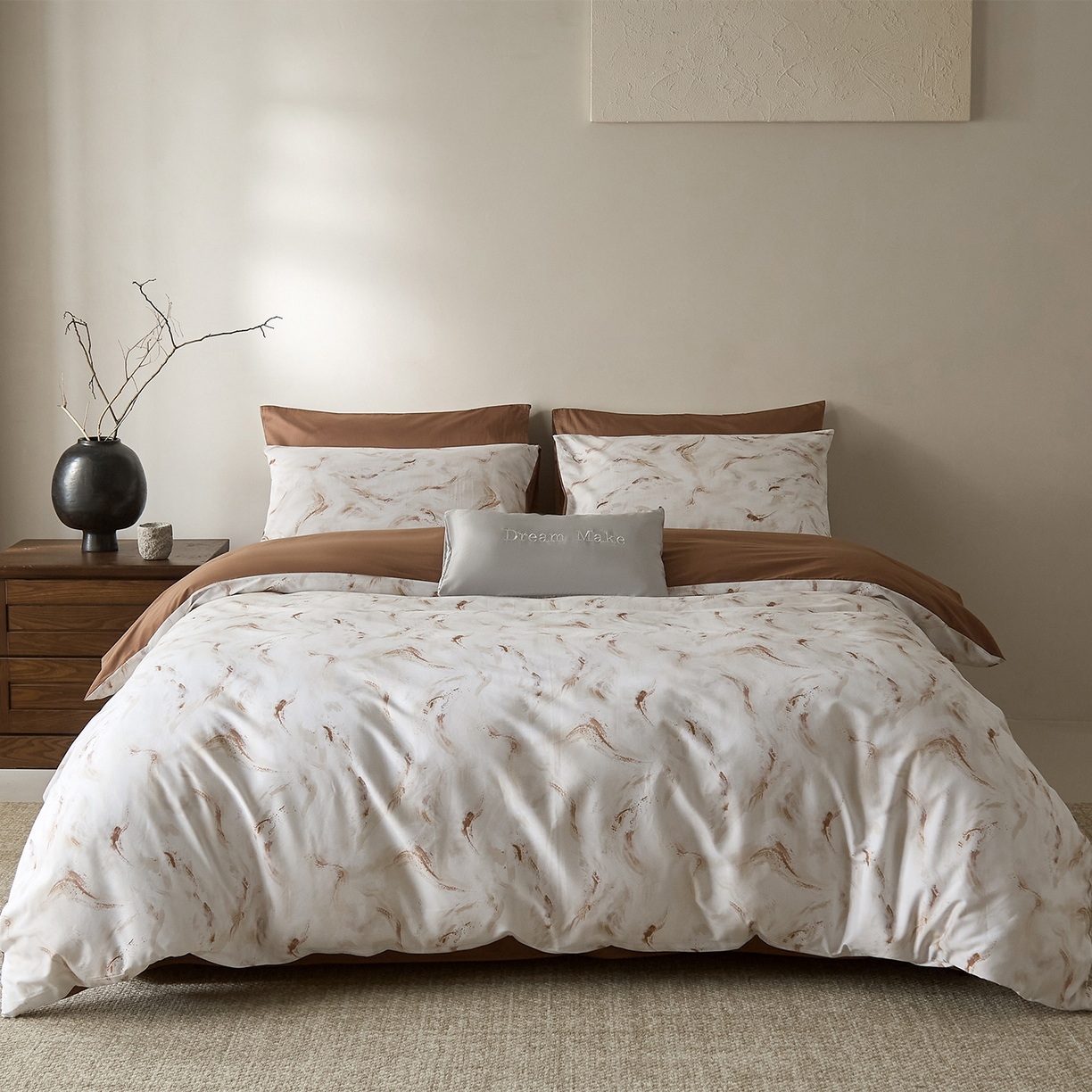 91家纺网 家纺一手货源 找家纺 （总）ONE TWO ONE 121 2026新款专版数码印花100s长绒棉纯棉全棉床上用品四件套-听潮絮语-暖咖