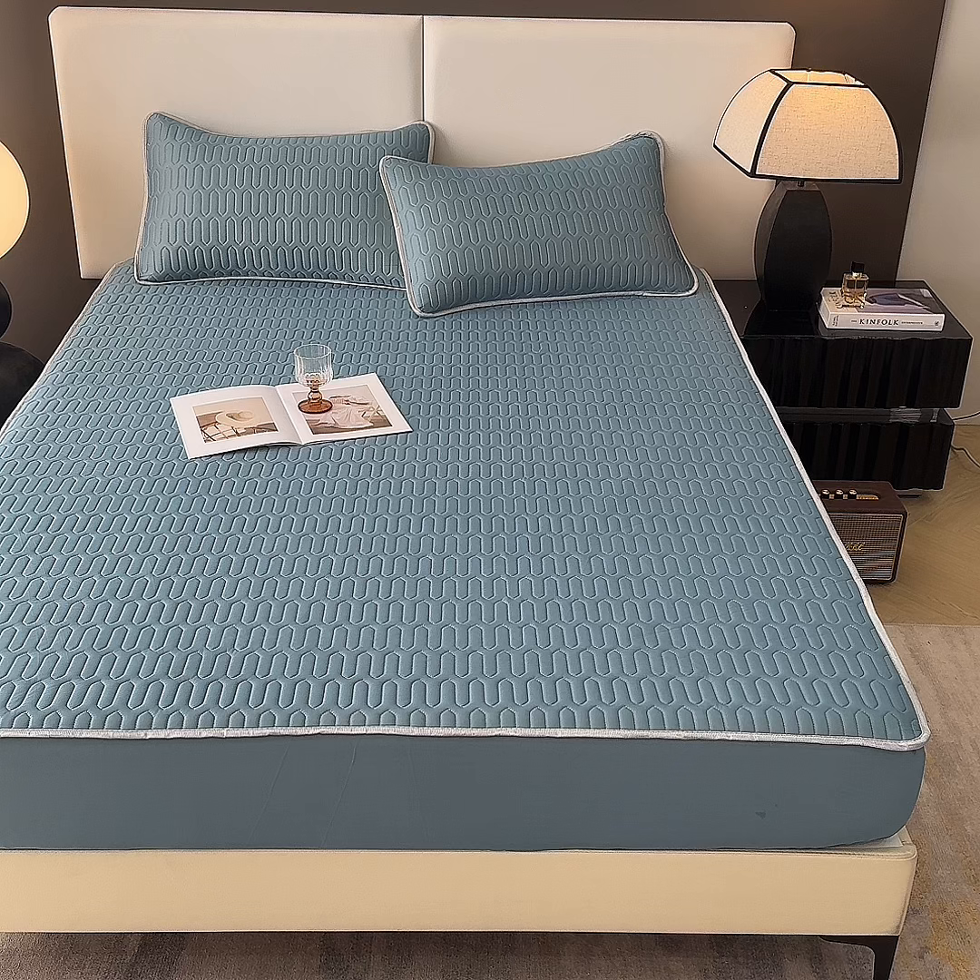 91家纺网 家纺一手货源 找家纺 518家纺 2026新款凉感冰丝裸睡乳胶凉席系列床笠款凉席席子 典雅蓝