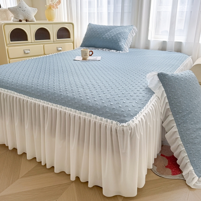 91家纺网 家纺一手货源 找家纺 怡源梦 2026新款A类高分子冰豆豆凉席床裙床笠二合一-心动 心动-兰色